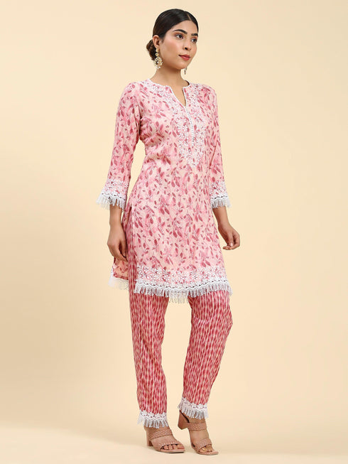 Samma Chikankari Co-ord set in Cotton for Women- Peach